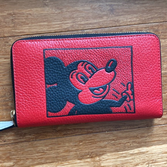 NWT! Coach LE Mickey Mouse Keith Haring XL zip leather pouch/ wallet set - Picture 2 of 9